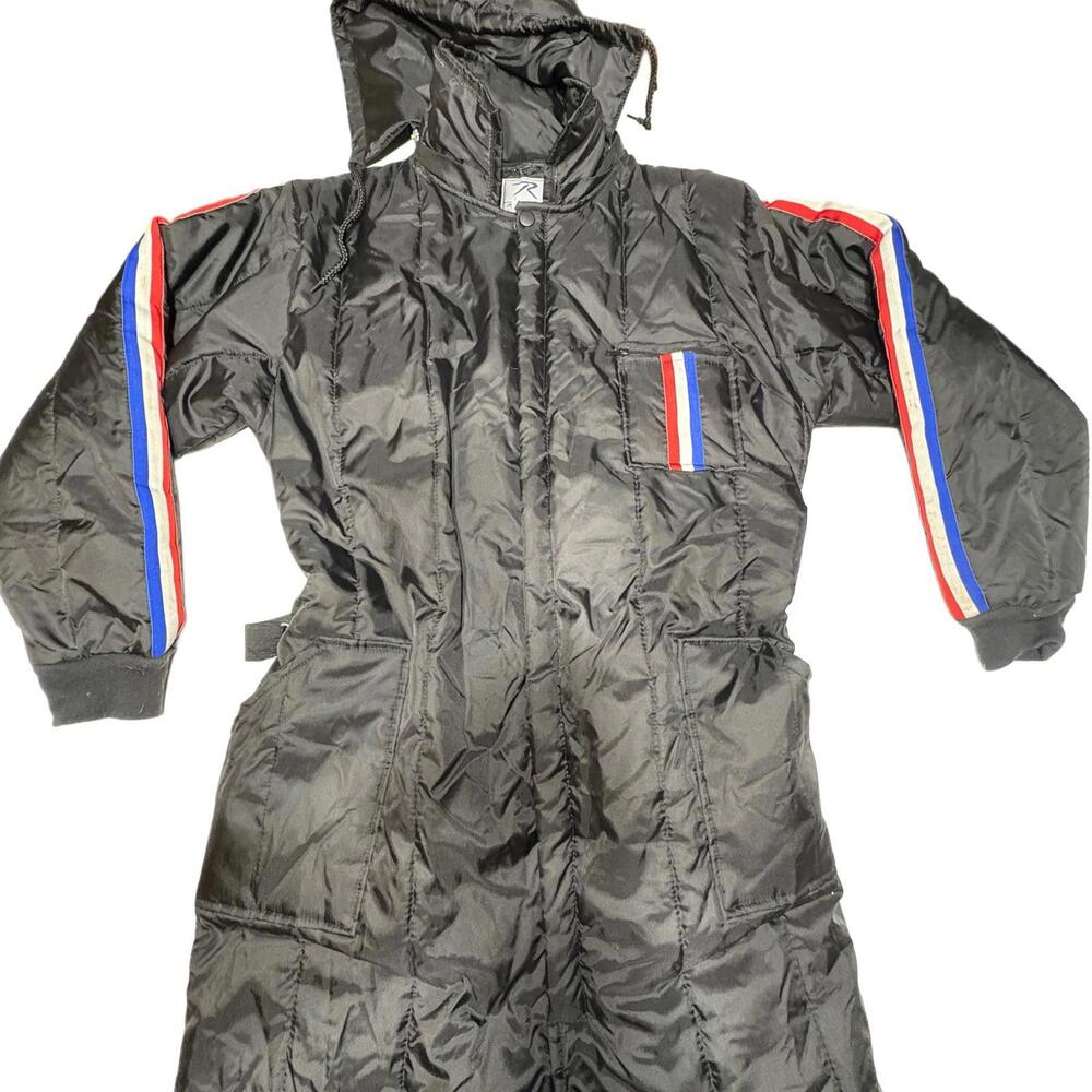 Vtg ROTHCO Black Snowmobile Insulated JUMPSUIT STRIPED Snow Ski Suit Mens Sz M